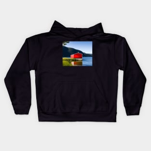 Red Boathouse on Lake Kids Hoodie